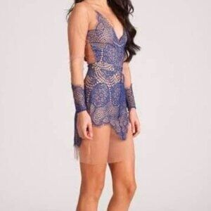 For Love & Lemons Blue Antigua Lace Mini Dress